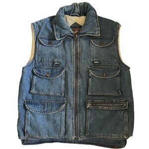 Vintage Rugged Run Mens Denim Utility Tactical Zip Vest Insulated Size Large